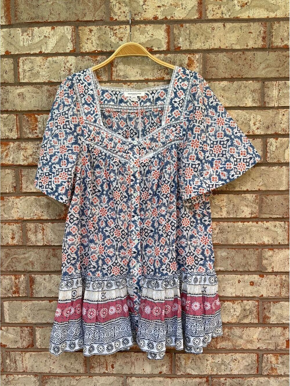 NWT Beach Lunch Lounge Boho Floral Ikat Square Neck Peasant Top